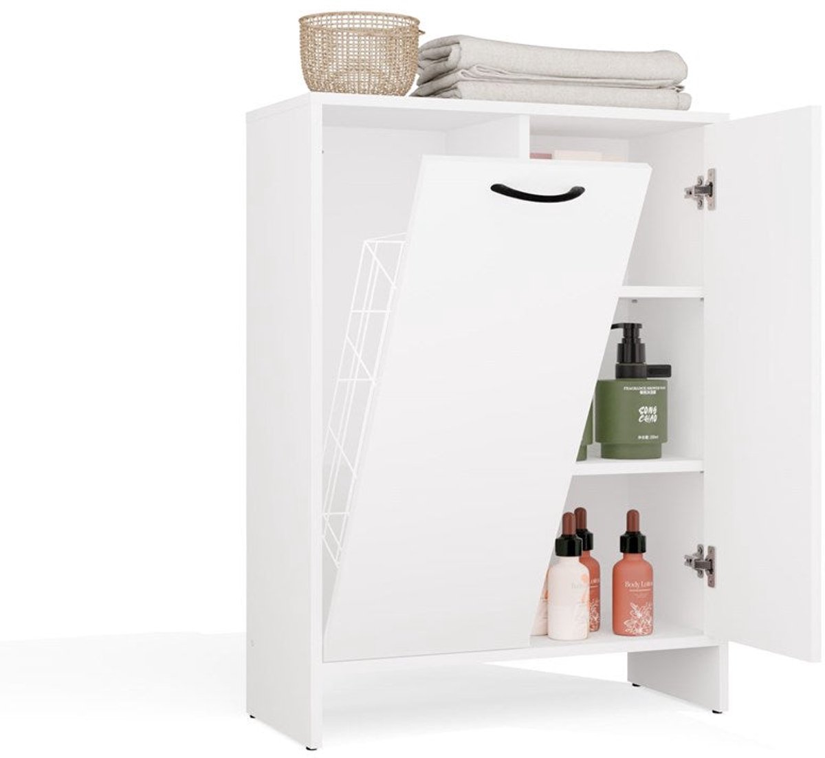 NINA 1K1D Badkamerkast met Wasmand en Planken - Functioneel & Compact | Kleur: Mat Wit
