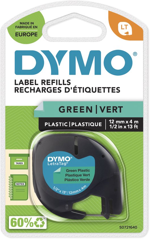 Verpakking met DYMO LetraTag groene plastic labels, 12 mm x 4 m.