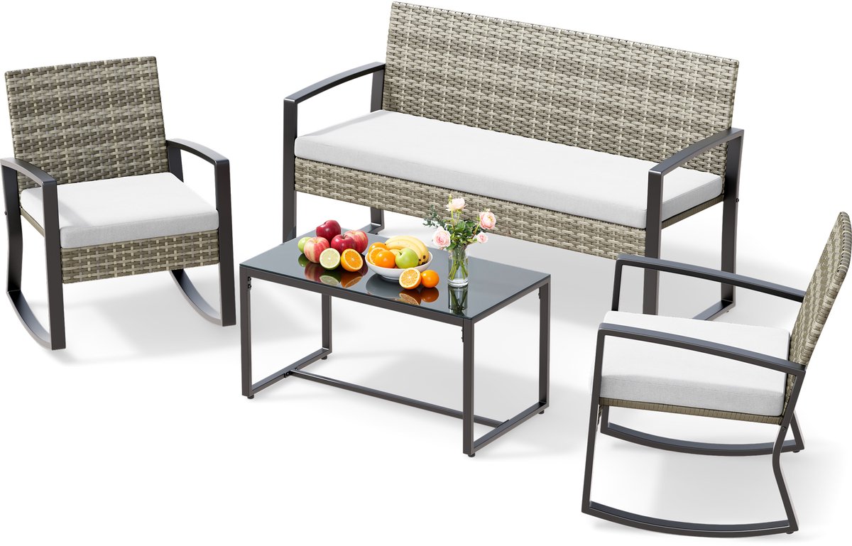 Xbro Rotan Tuinset 3-delig met schommelstoel,Balkonset voor 4 personen met kussens,Tuinmeubelset met tafel,3-delige Bistroset ,108 x 74 x 85 cm ,Lichtgrijs