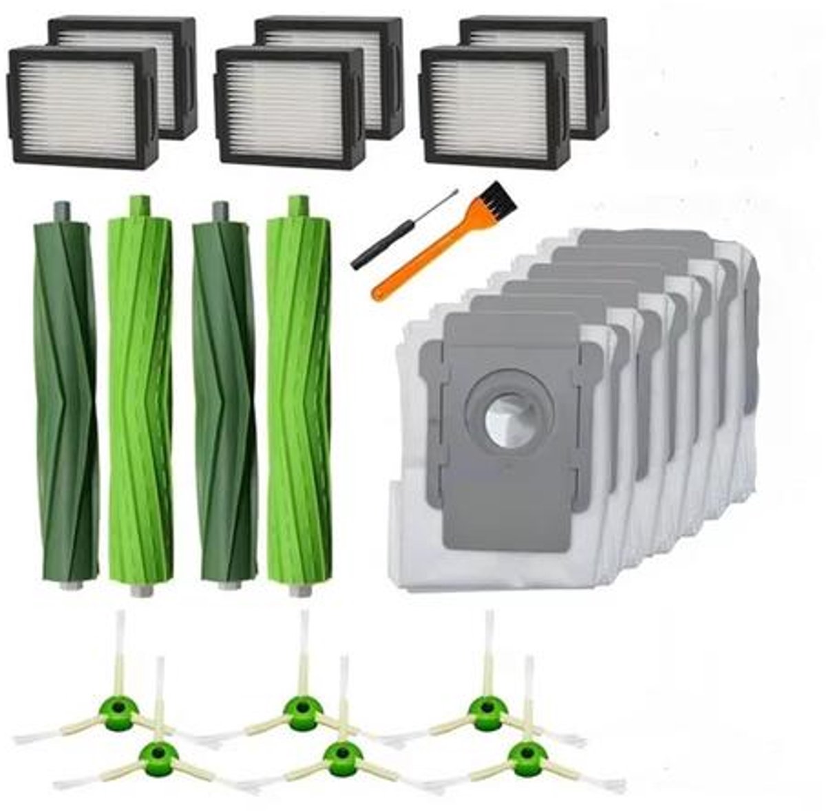 Accessoireset - 20-delige accessoireset geschikt voor iRobot Roomba I7+/I3+/I5+/I6+/J7+/J8+/E5 E6 E7 - 6 filters - 6 zijborstels - 2 rubberen borstels - 6 stofzakken - 1 kleine gele borstel - 1 schroevendraaier。