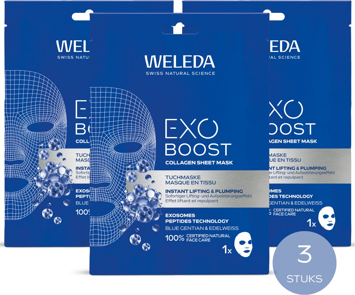 WELEDA Exo Boost Collagen Sheet Mask - 3 stuks - Voordeelverpakking - Geeft Een Liftend & Verstevigend Effect - Hydrateert En Voedt De Huid Intensief - Vermindert Diepe Rimpels & Pigmentvlekken - 100% Natuurlijke Ingrediënten
