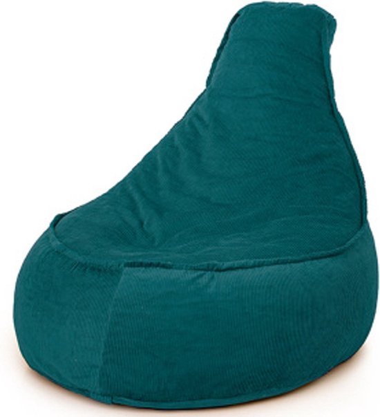 Een grote, smaragdgroene zitzak in ribstof, staand op een witte achtergrond.
