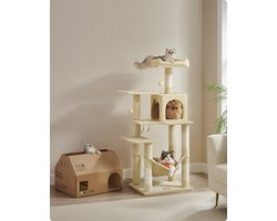 Bobbel Home - krabpaal - 143 cm - stabiele krabpaal met kattenhuis - Multi level- Beige