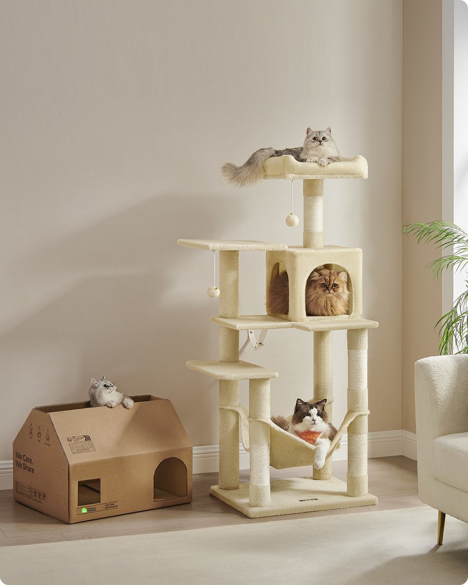 Bobbel Home - krabpaal - 143 cm - stabiele krabpaal met kattenhuis - Multi level- Beige