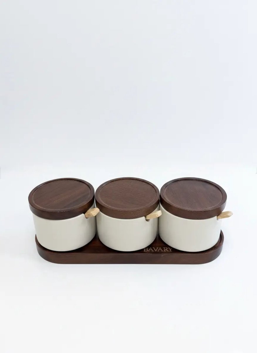 Terra - kruidenpot set - 4-delig - keramiek wit - acaciahout - bamboe lepels - luchtdicht