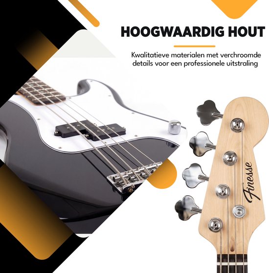 Zwarte basgitaar met witte slagplaat en esdoornhouten kop met verchroomde stemknoppen.