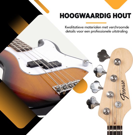 Close-up van de body en kop van een sunburst basgitaar met chromen details.