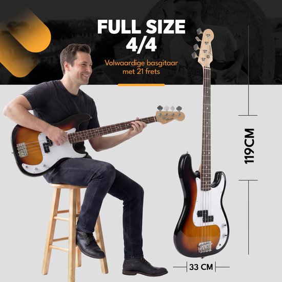Man speelt op een sunburst 4/4 basgitaar met 21 frets.