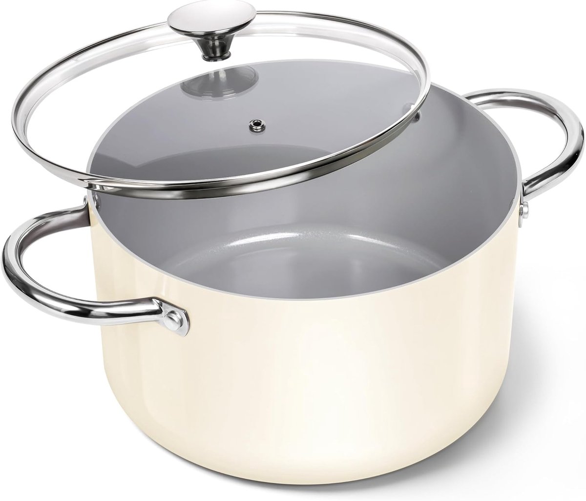Keramische Soeppot - Kookpot met Deksel - Langzaam Koken - Inductie Geschikt - 24cm 5.7L - Beige
