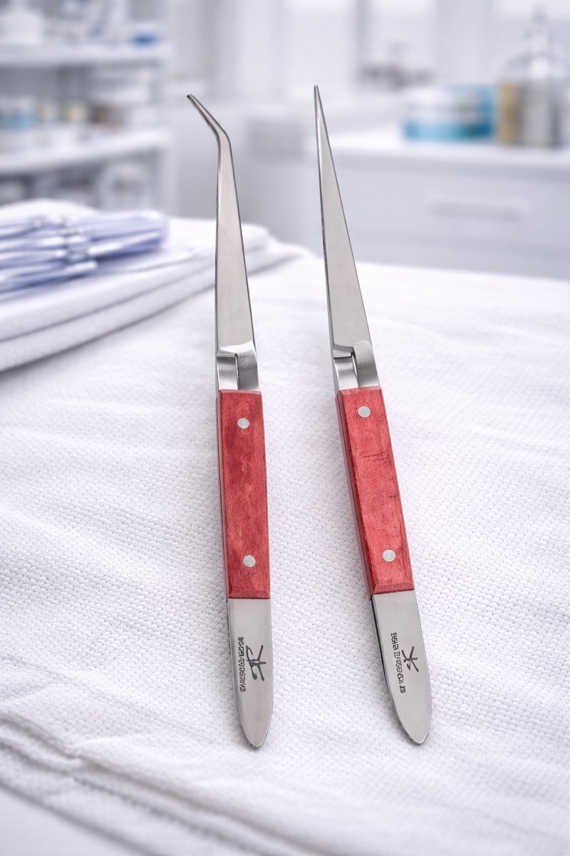 Belux Surgical Instruments / Pincet Set – Recht & Gebogen – RVS met Houten Handvat – Chirurgisch / Laboratorium Pincet – Precisie Tweezers
