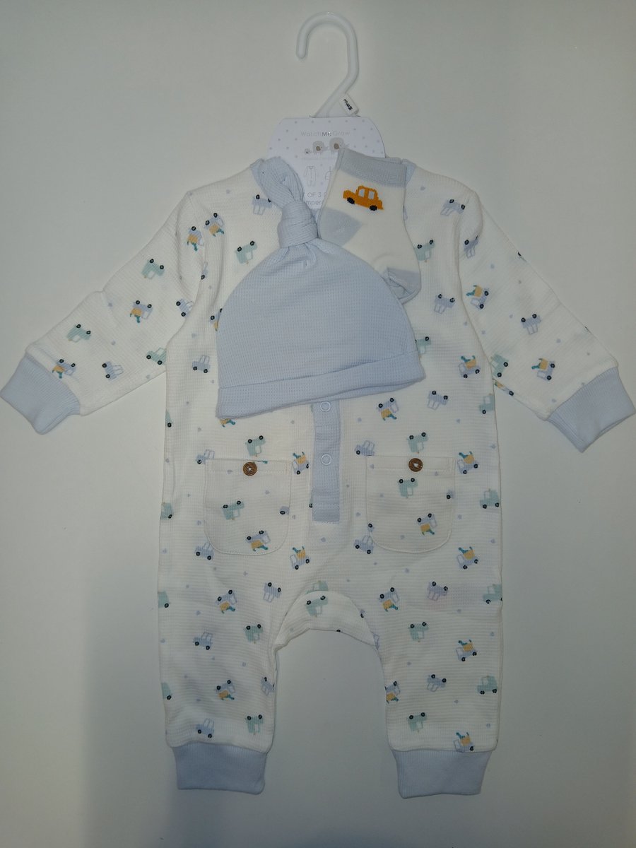 Watch Me Grow - 3-delige kraam cadeauset - wafelstof - auto's - newborn - maat 62
