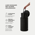 Zwarte, ronde wasmand met ruitpatroon. Hand pakt uitneembare waszak. Met deksel.