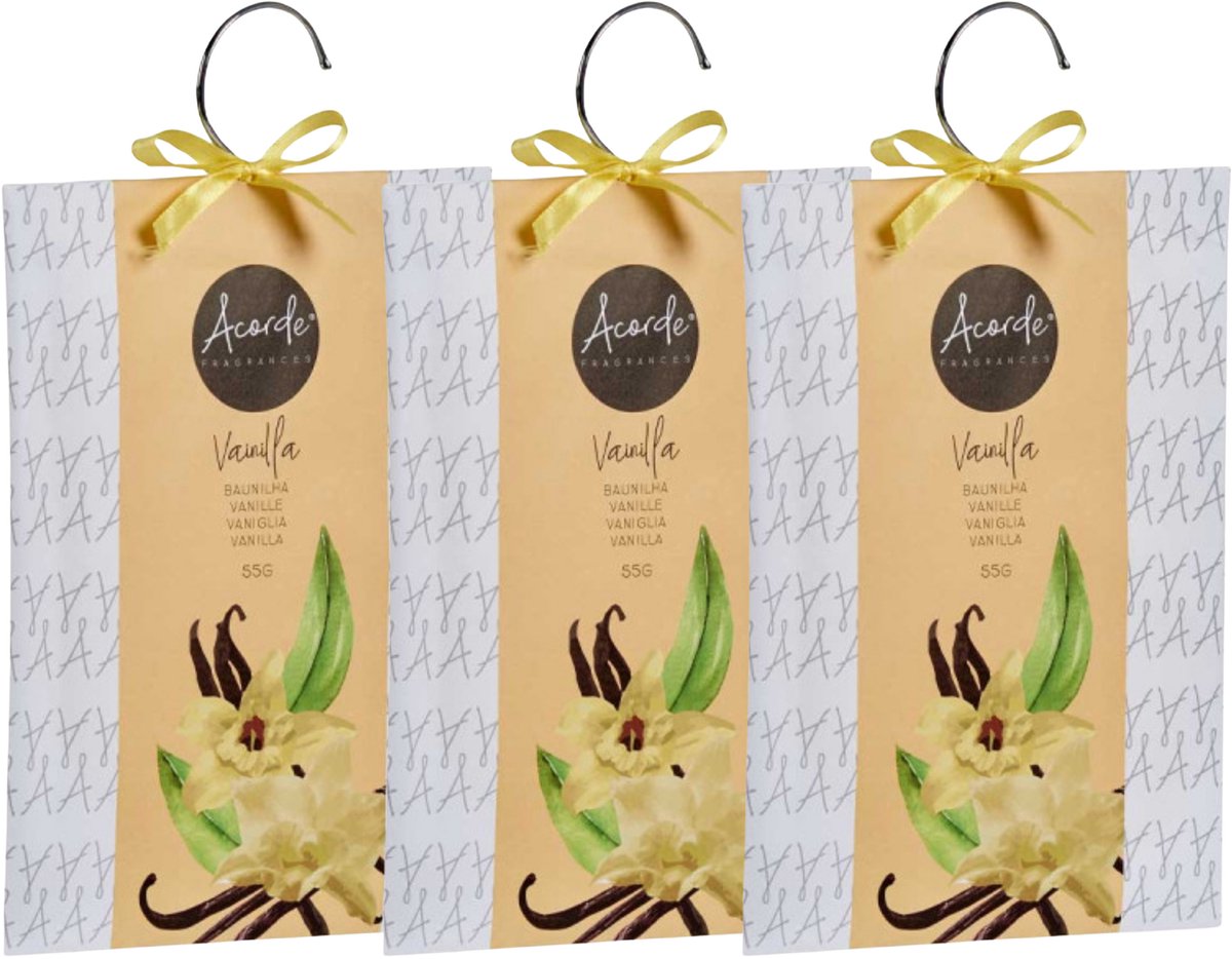 Acorde Geurzakjes Vanille - 3x - met ophanghaak - 55 gr - geurkaartjes / luchtverfrisser