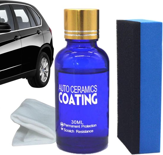 Zwarte SUV met gouden dop flesje 'Auto Ceramics Coating 30ML', doekje en spons.
