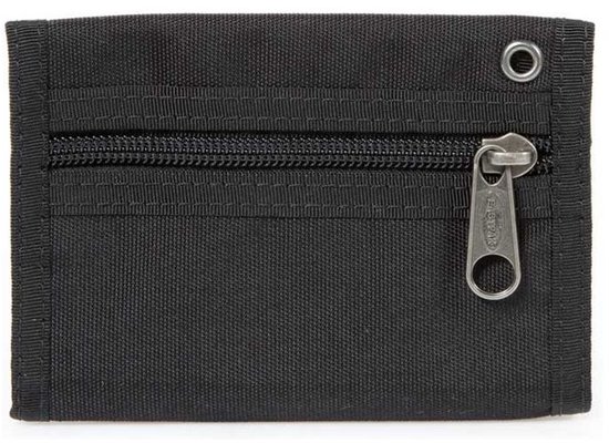 Portefeuille noir triple avec poche zippée et tirette en métal.