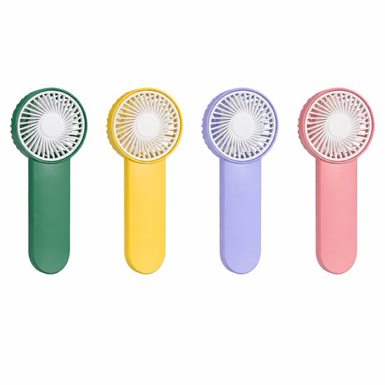 Set van 4 mini draagbare handventilatoren op batterijen, compact, lichtgewicht, geel groen paars roze, voor binnen en buiten