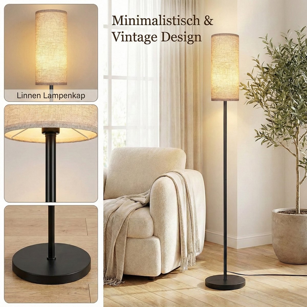 MUPOO Scandinavisch Vloerlamp met Linnen Kap 173cm thumbnail 4
