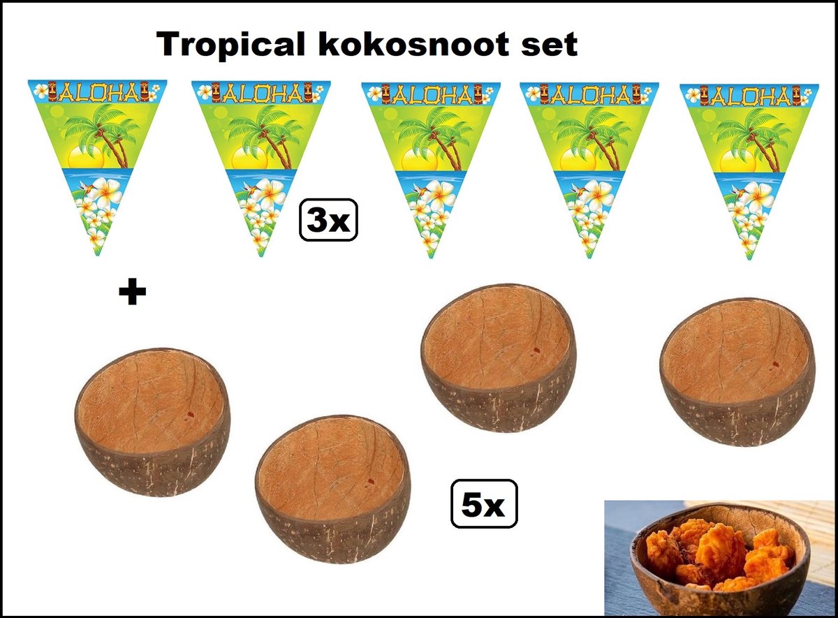 Tropical Hawai kokosnoot set - 3x Aloha vlaggenlijn 500cm + 5x Kokosnoot kom - Summer tropisch beach thema party