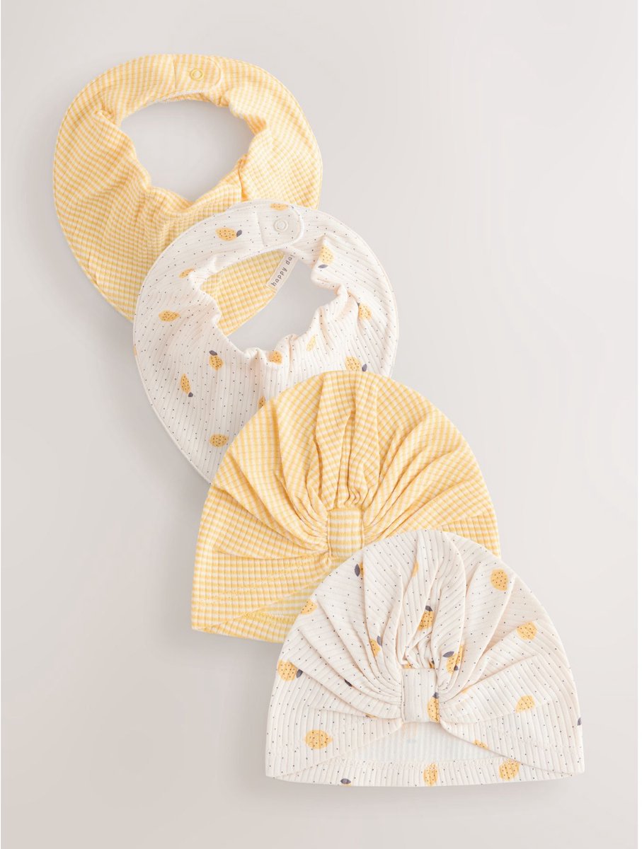 Next - Meisjes - Babyturban en Slabbetjes Set 4 stuks - Geel