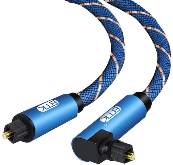 Blauwe ETK optische audio kabels met rechte en haakse aansluitingen.