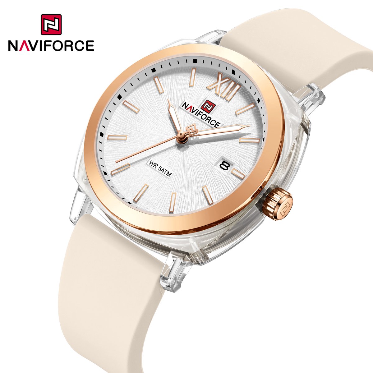 NAVIFORCE horloge met beige gefumeerde siliconen polsband, gouden horlogekast en witte wijzerplaat voor dames met stijl ( Model 6111 BE )