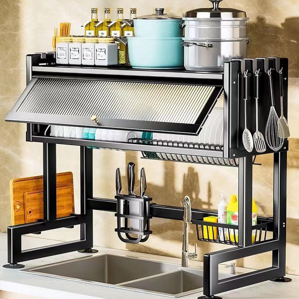 Afdruiprek Keuken - Servies Droogrek - Boven Spoelbak - Grote Capaciteit - 85x29x13 cm - Zwart