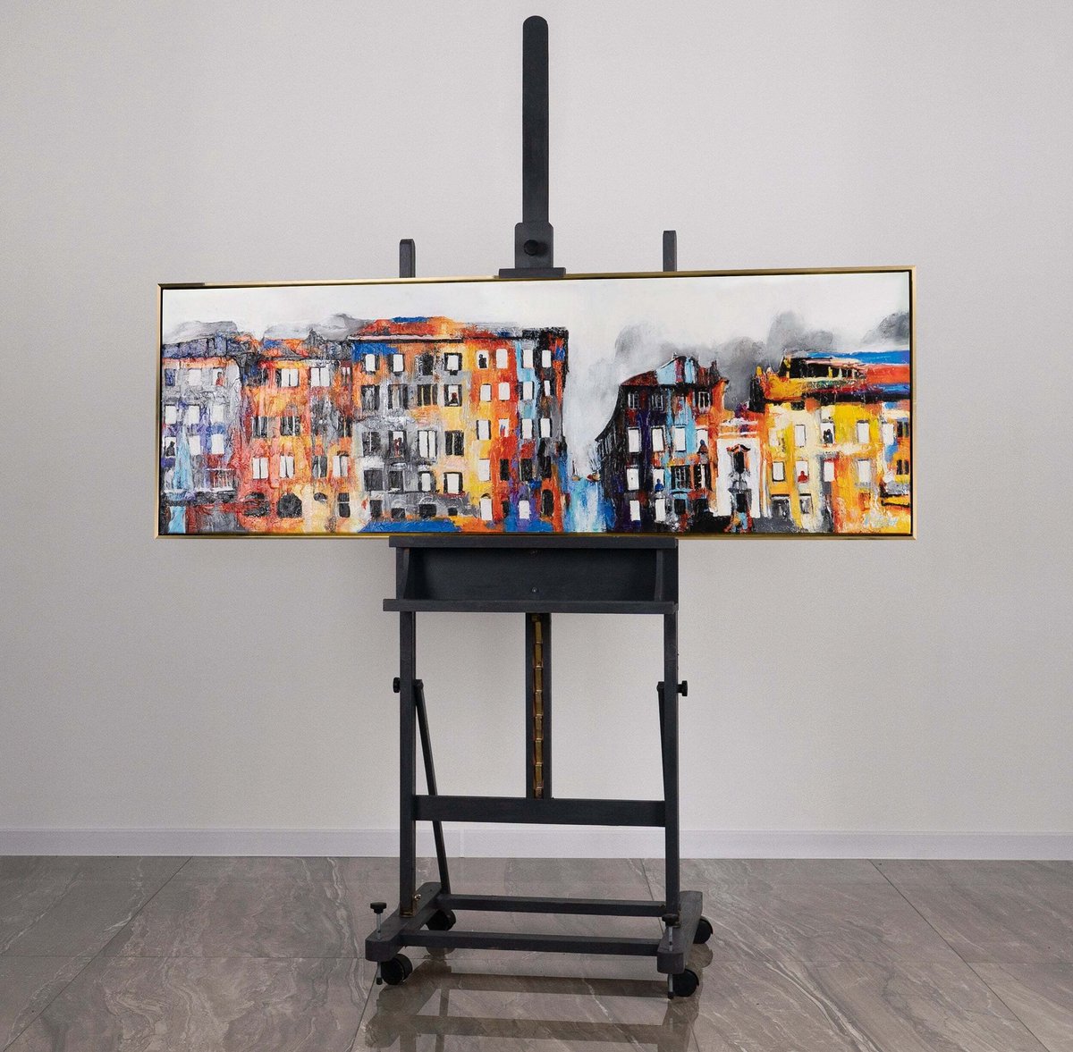 YS Canvas schilderij 150x50 cm handgeschilderd klein stadje nostalgisch charmant – YS-Art Gallery – Charmante wanddecoratie voor woonkamer – Modern schilderij voor hal Gold