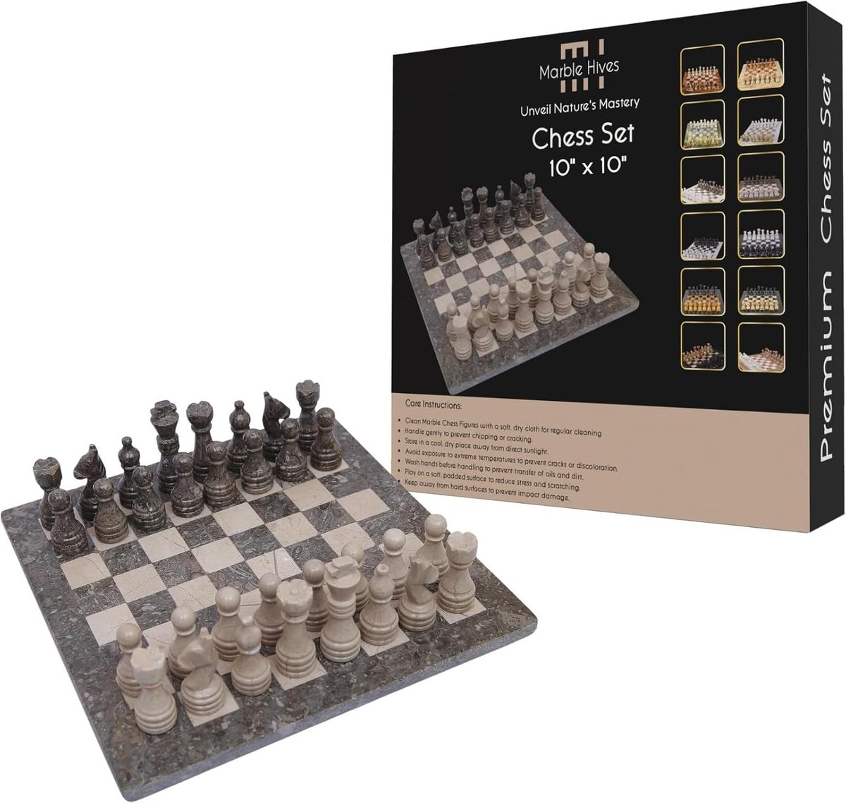 Marmeren Schaakset - Luxe Schakers - Strategisch Spel - Handgemaakt Uniek - 25x25 cm - Oceanisch Grijs