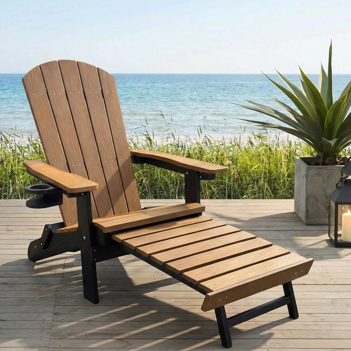Tuinstoel Adirondack Stoel Arizona - Bruin&Zwart - Met Voetenbankje - Houtlook - Hoogwaardig Kunststof