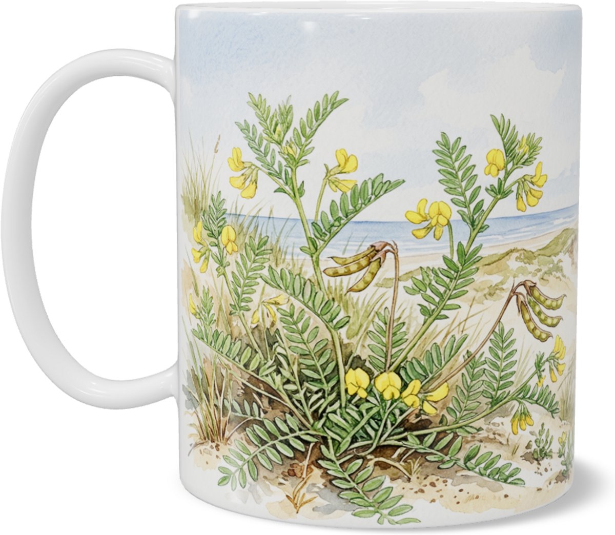 Aquarel Series Mok - Geel Vogelpootje Ornithopus compressus - Gele Bloemen Strand en Duinen Zeezicht - Botanische Serie Kust Cadeau voor haar: Vrouw, Vriendin of Collega