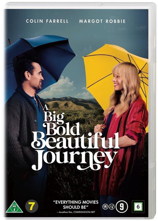 Colin Farrell en Margot Robbie kijken elkaar aan onder een blauwe en gele paraplu. De titel "A Big Bold Beautiful Journey" staat in het midden.