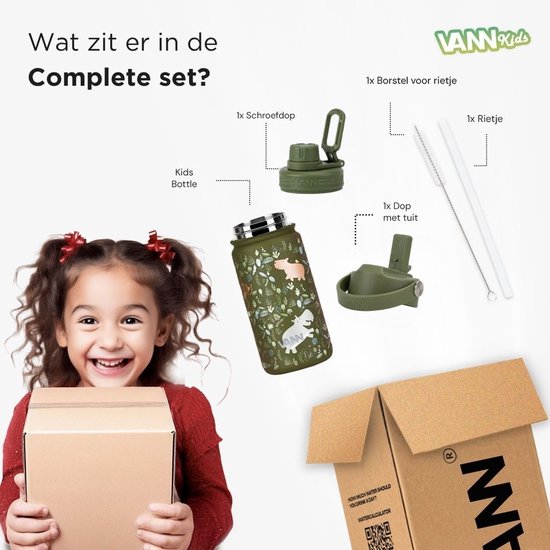 VANN® 3-Wandige Drinkfles en Schoolbeker voor kinderen met rietje in 1 – 400 ML – RVS – Met 4 accessoires – 24 uur koud/12 uur warm – Jungle