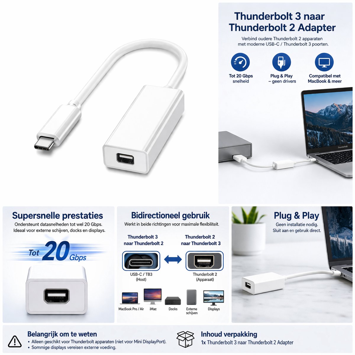 Thunderbolt 3 naar Thunderbolt 2 adapter USB-C kabel voor MacBook Pro/Air, snelle 20 Gbps data, bidirectioneel, plug & play - Afbeelding 2