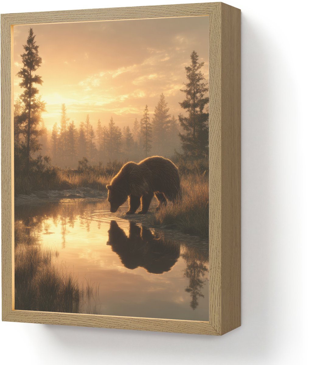 Wandlamp 30x40 cm - Oplaadbaar - Beer - water - Bos - Ochtendlicht - Wandlampen binnen woo