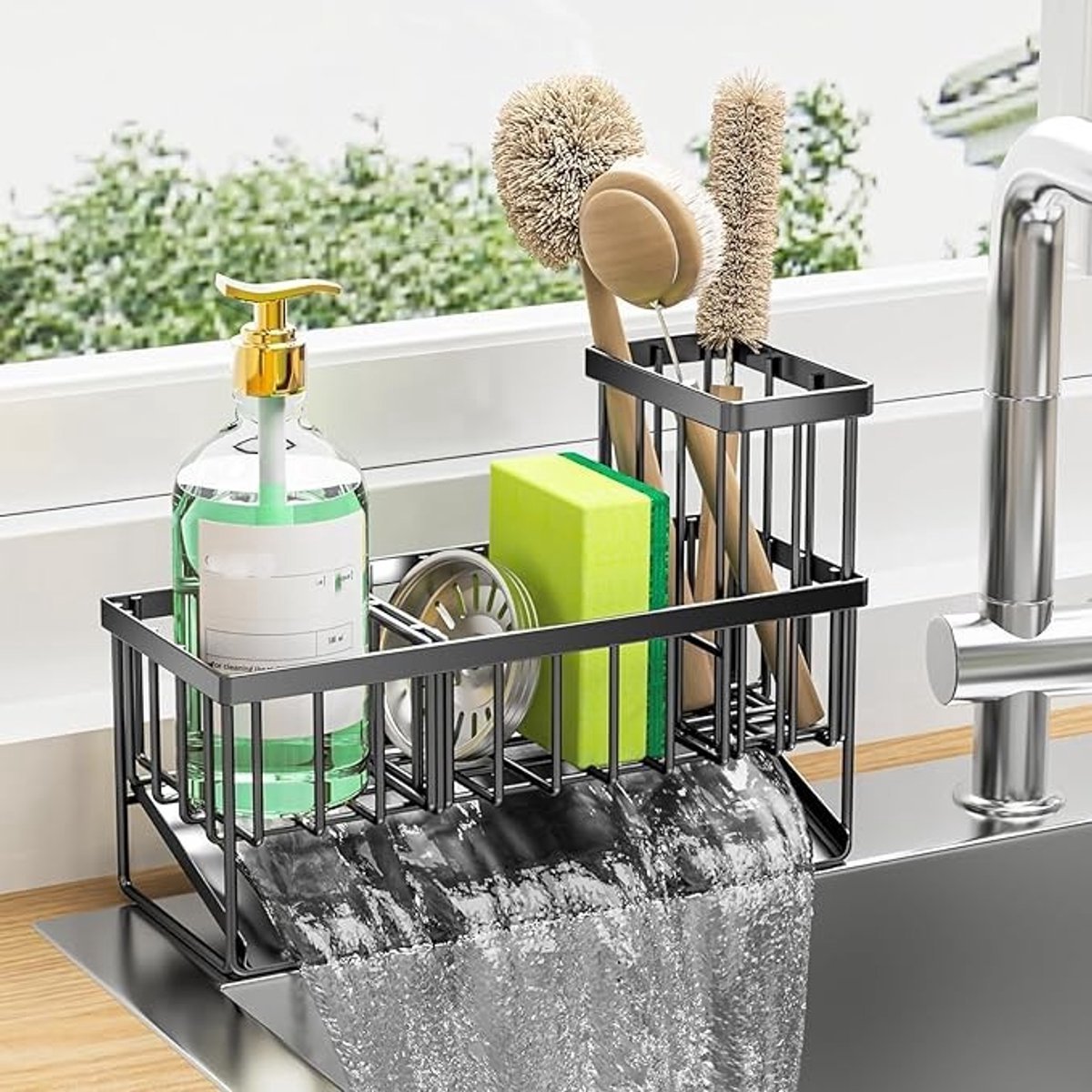 Keukenorganizer voor spoelbak met sponshouder en afvoerbak