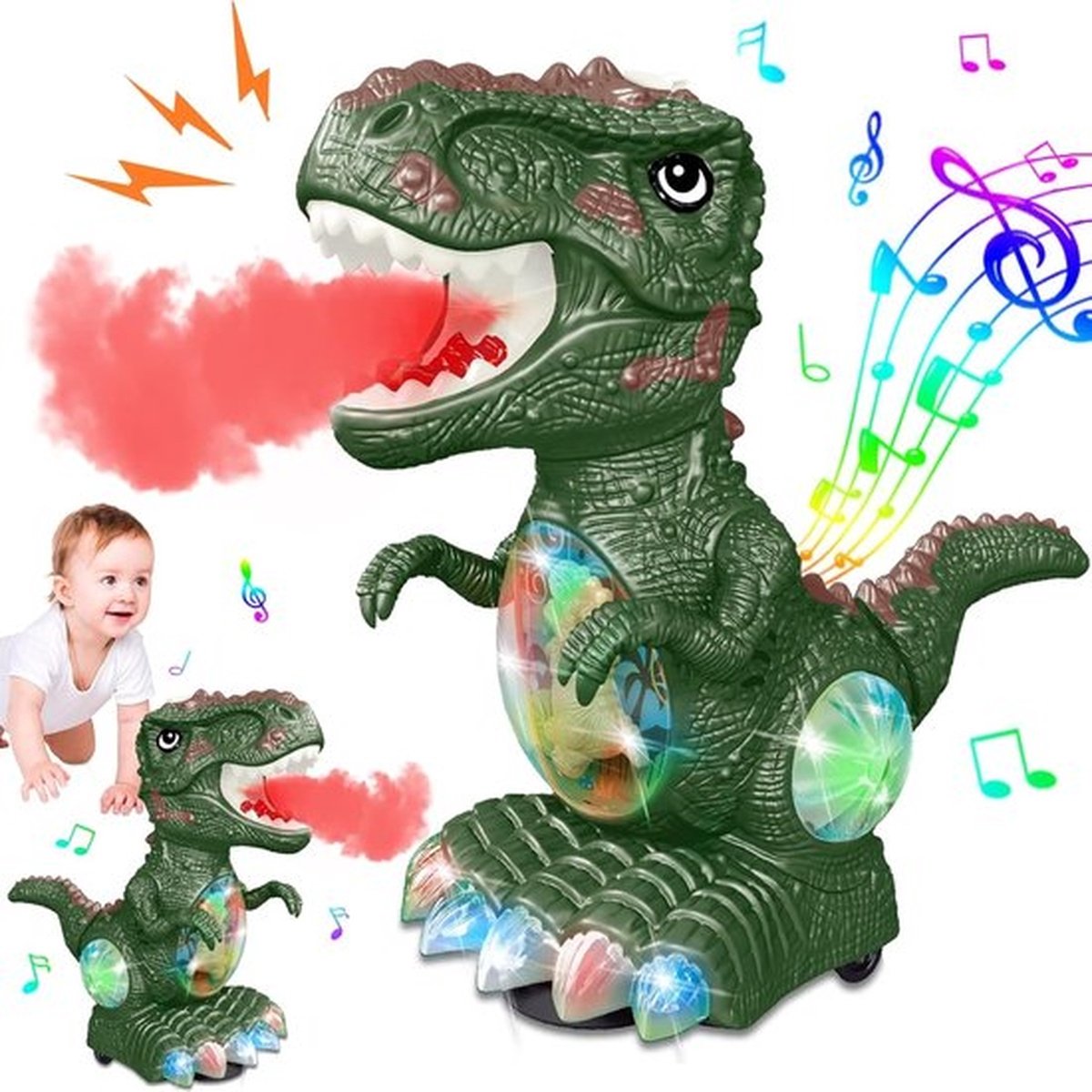 Dinosaurusspeelgoed voor 3-jarige jongens, speelgoed met muziek en lichtjes voor peuters van 3-4 jaar, baby-dinosaurus met één wiel, elektrisch dinosaurusspeelgoed voor kinderen van 3-5 jaar, ideaal als cadeau (groen)