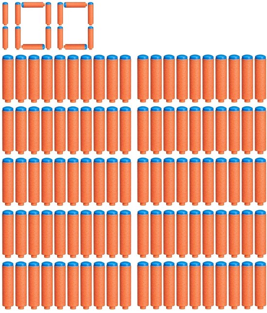 100 oranje Nerf pijltjes met blauwe doppen, gerangschikt in rijen, met een '100' vorm.