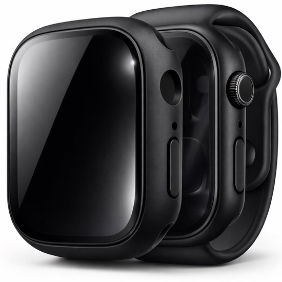 Twee zwarte Apple Watch-hoezen, één met privacyglas en één zonder.