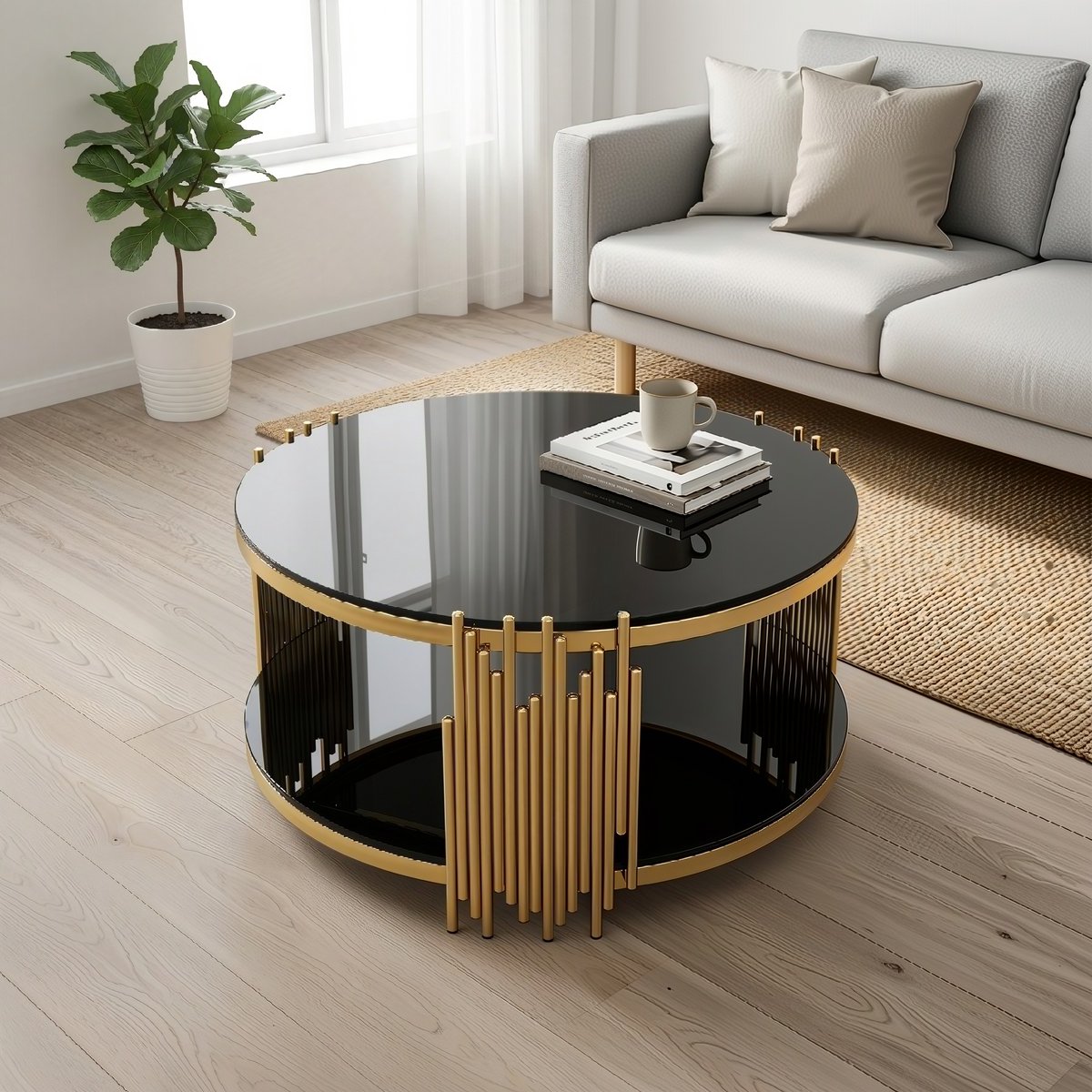Wishdor Ronde Salontafel - Dubbel Glasblad - Opbergruimte In Twee Niveaus - Modern - Voor Woonkamer - Gehard Glas En Roestvrij Staal - Zwart En Goud Zwart+Goud