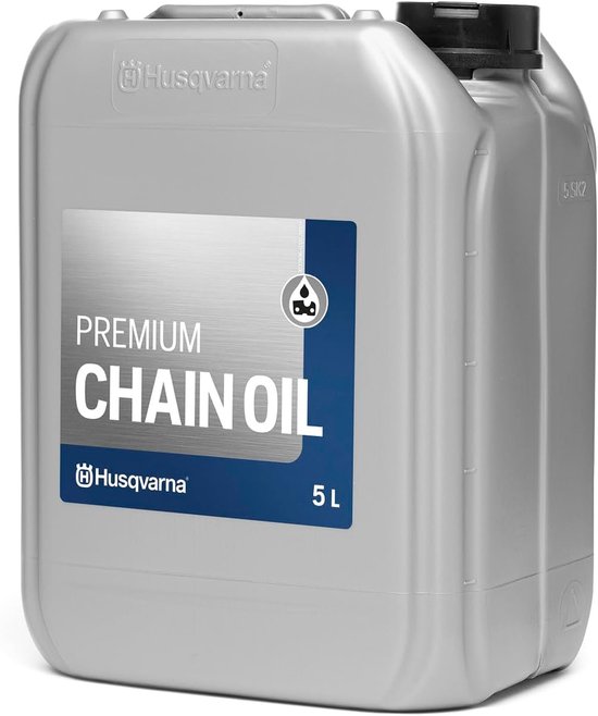 Grijze Husqvarna 5L Premium Chain Oil jerrycan met blauw label.