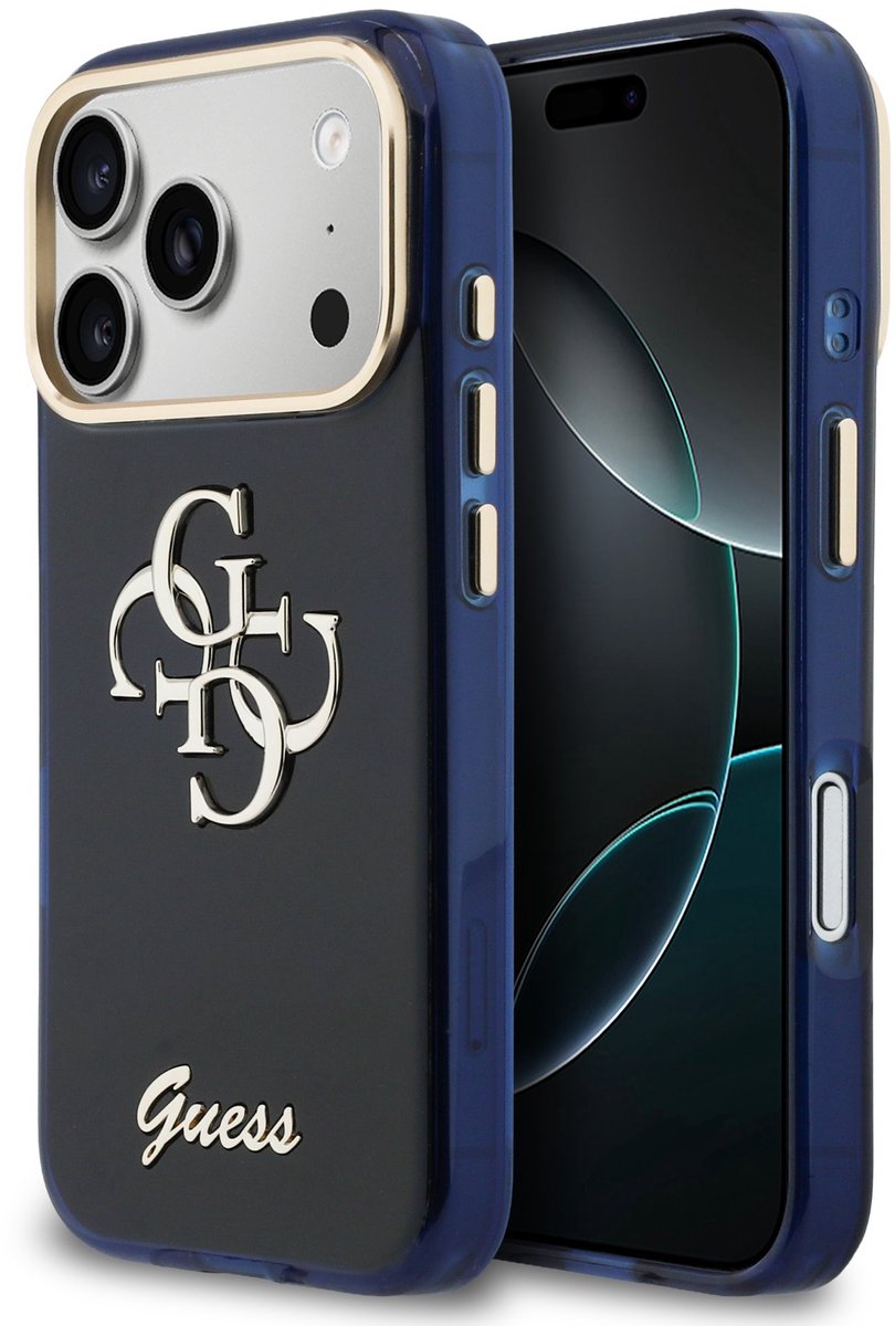 Guess IML 4G Script Metal Logo Backcover - Geschikt voor iPhone 17 Pro Max - Blauw
