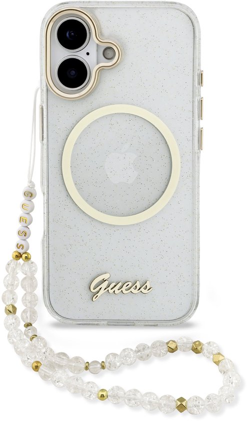 Guess IML Glitter Script Backcover met Koord - Geschikt voor iPhone 17 - MagSafe Compatibel - Transparant