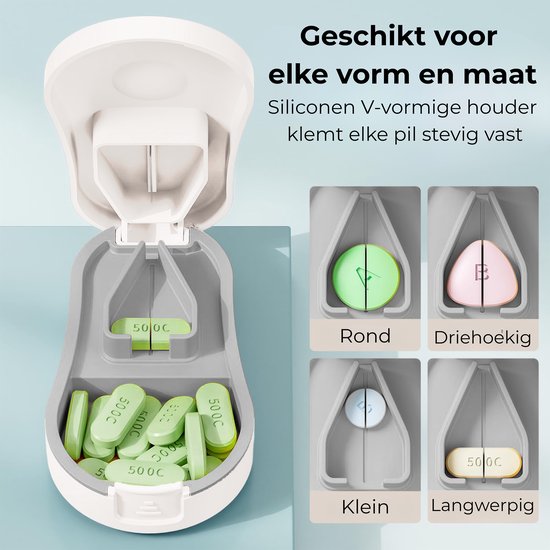 Pillensnijder met Pillendoosje – Veilig Afgeschermd Mes – Geschikt voor Elke Pillenvorm – Volledig Afwasbaar – BPA-vrij – Wit