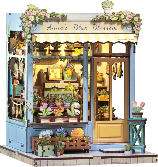 CuteBee CWGC211 Anna's Blue Blossom Book Nook Bouwpakket | Miniatuur theatrale huisjes pakket modelbouw voor volwassenen | Houten 3D Puzzel | Woonkamer decoratie boekensteun | Led lights verlichting ingebouwd | DIY boekenhouder collectie