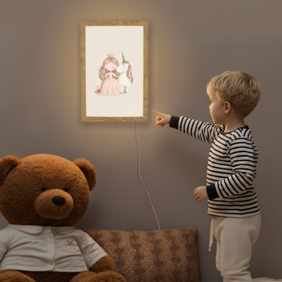 Nachtlampje 20x30 cm - Kinder lampje - Prinses - Eenhoorn - Pastel - Tafellamp kinderkamer - Slaapkamer lamp - Bedlamp kinderen - Kinderlampje stopcontact - Wandlamp babykamer - Nachtlampjes van OnlyWow — afbeelding 5