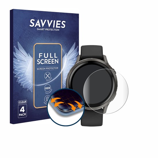 Verpakking SAVVIES 4-pack schermprotectors en een smartwatch met schermprotector.