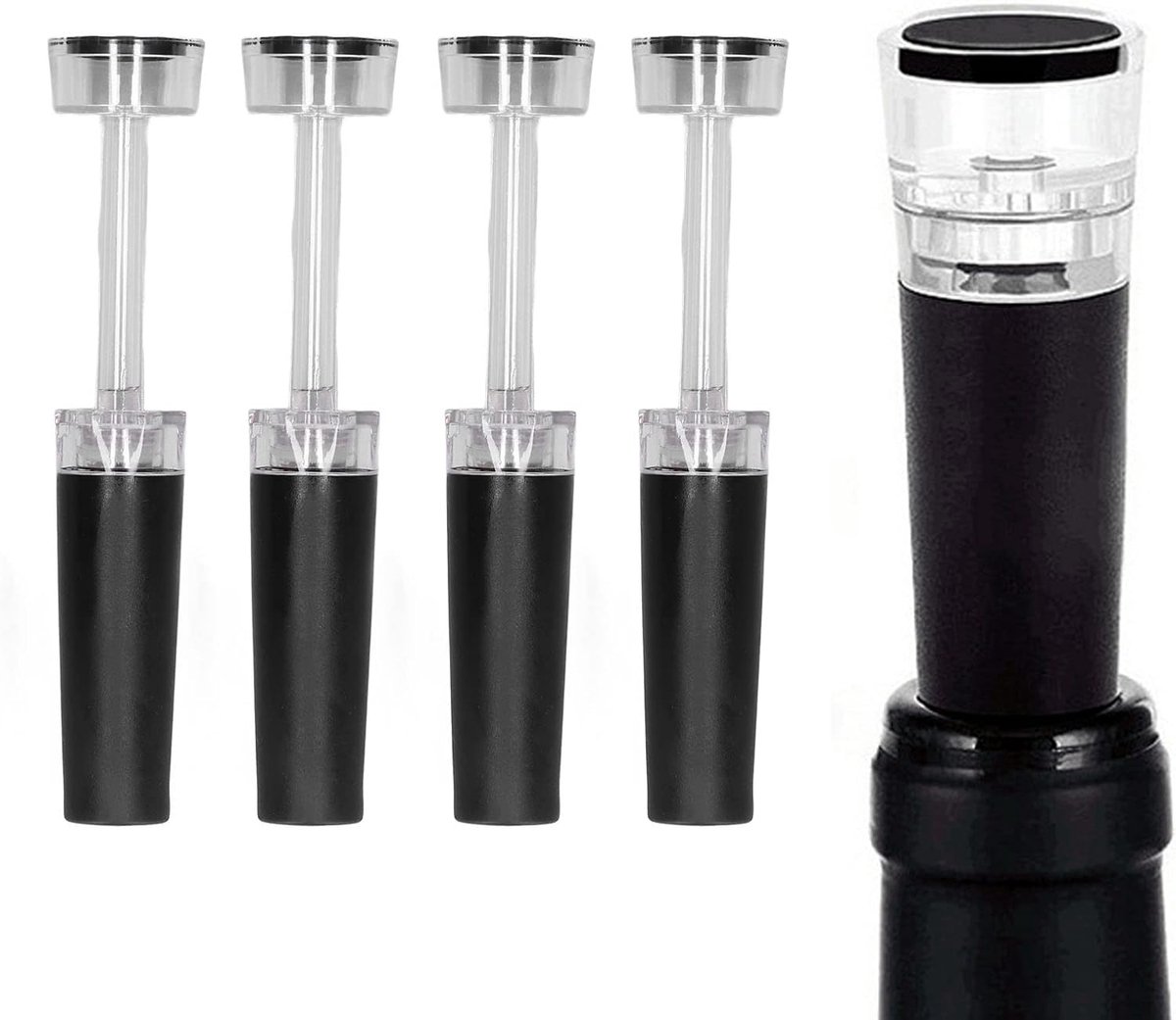 Wijn Stopper - Fles Afsluiter - Wijn Bewaren - Vacuüm Pomp Systeem - 4 Stuks Set - Zwart