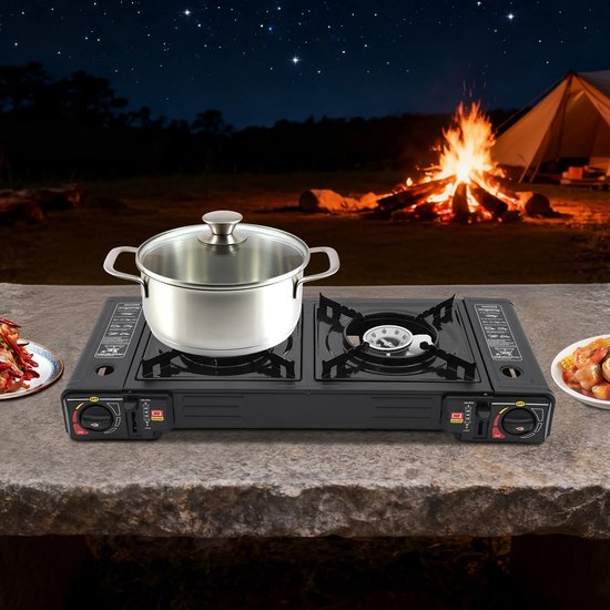 AURORAS-2500W Draagbare Kampeerkachel met 2 Branders en Bakplaat - Draagbare Camping Gasstel in Koffer - Compact & Krachtig van Merkloos — afbeelding 5