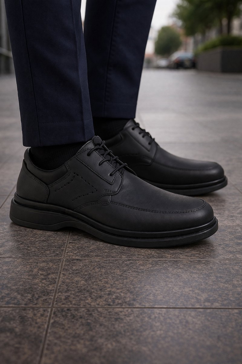 Veterschoenen- Heren Leren schoenen- Nette Schoenen- Comfort Schoenen 21361- Zwart- Maat 43