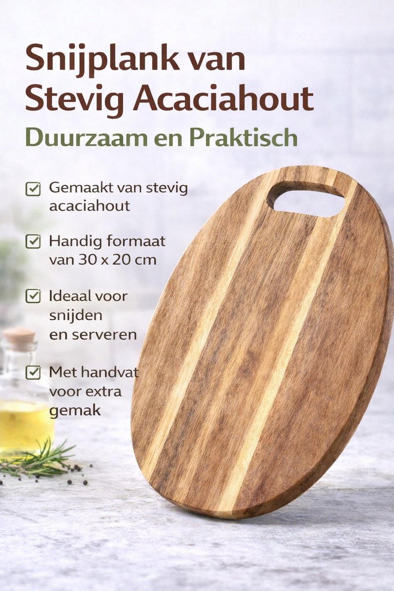 Houten Snijplank voor Keuken en Serveren – Ovaal - Snijplank Acaciahout met Handvat – 30 x 20 x 1,5 cm – Duurzaam en Stevig Acacia Hout — cadeau in Kookcadeaus - foto 5